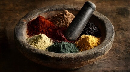 A stone mortar filled with colorful powders and a pestle sitting on a wooden surface top view