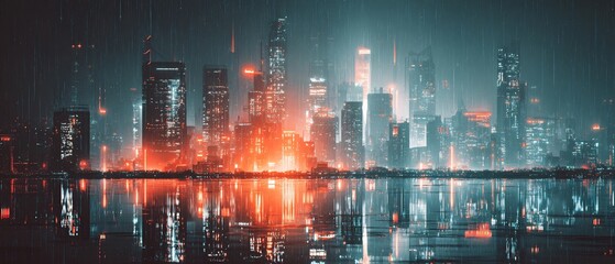 Obraz premium Cyberpunk cityscape reflecting on water during rainfall at twilight time