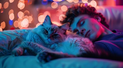 Serene Cat Nap: A peaceful tabby cat enjoys a tranquil moment of sleep, basking in a colorful, bokeh-filled atmosphere of gentle hues, capturing the essence of relaxation and calm.