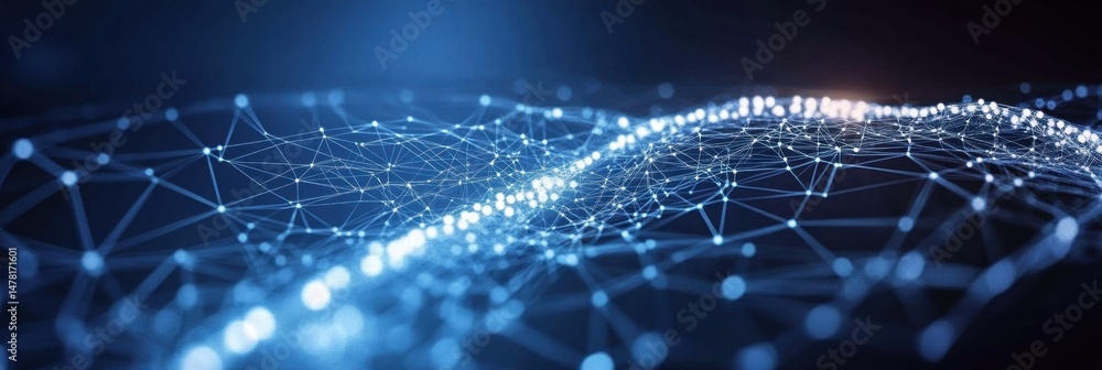 Poster dark blue background with white lines and hexagons representing technology, global network connectio