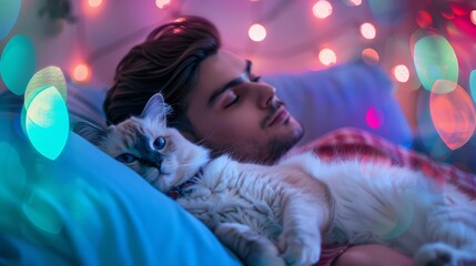 Serene Cat Nap: A peaceful tabby cat enjoys a tranquil moment of sleep, basking in a colorful, bokeh-filled atmosphere of gentle hues, capturing the essence of relaxation and calm.