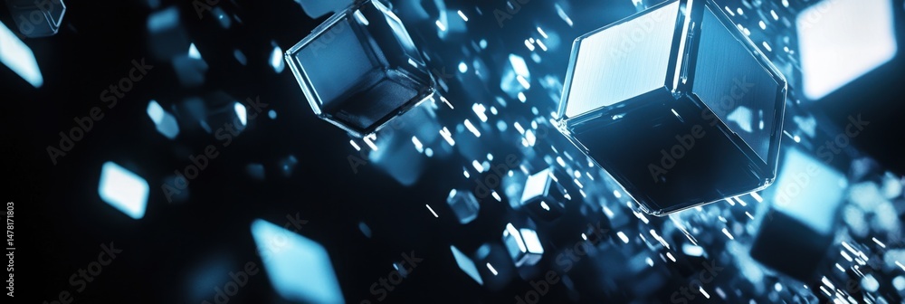 Poster dark blue background with white futuristic hexagon elements and technology-inspired graphics for ban