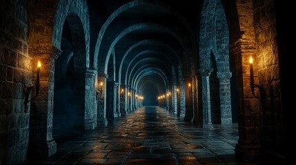 Fototapeta premium Dark, mysterious stone hallway with arched ceilings and candlelight.