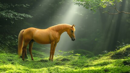 Golden Horse in Enchanted Forest: A majestic golden horse stands serene amidst a mystical forest, bathed in ethereal sunlight filtering through the lush canopy, invoking a sense of peace and wonder.