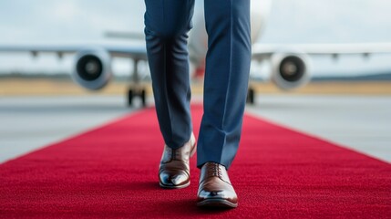 Fototapeta premium Distinguished VIP Traveler Walking the Red Carpet to Private Jet with Copy Space for Text