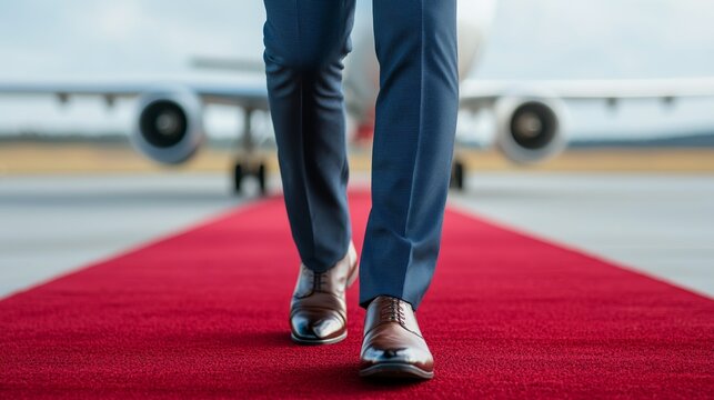 Distinguished VIP Traveler Walking the Red Carpet to Private Jet with Copy Space for Text - Powered by Adobe
