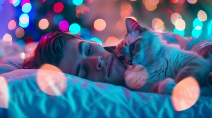 Serene Cat Nap: A peaceful tabby cat enjoys a tranquil moment of sleep, basking in a colorful, bokeh-filled atmosphere of gentle hues, capturing the essence of relaxation and calm.