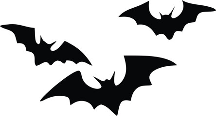 Black vector art illustration shows a set of Halloween bat silhouettes, a flying symbol of the night