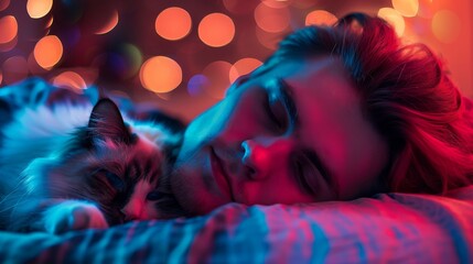 Serene Cat Nap: A peaceful tabby cat enjoys a tranquil moment of sleep, basking in a colorful, bokeh-filled atmosphere of gentle hues, capturing the essence of relaxation and calm.
