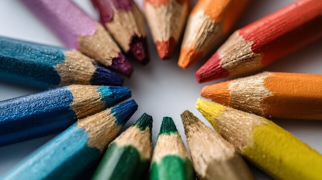 Vibrant array of colored pencils arranged in a circle, showcasing a spectrum of hues and artistic potential. A colorful and creative composition. - Powered by Adobe