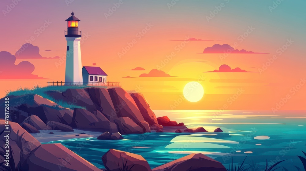 Poster sunset over ocean with lighthouse on cliff.