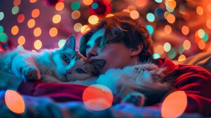 Serene Cat Nap: A peaceful tabby cat enjoys a tranquil moment of sleep, basking in a colorful, bokeh-filled atmosphere of gentle hues, capturing the essence of relaxation and calm.