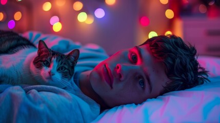 Serene Cat Nap: A peaceful tabby cat enjoys a tranquil moment of sleep, basking in a colorful, bokeh-filled atmosphere of gentle hues, capturing the essence of relaxation and calm.