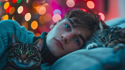 Serene Cat Nap: A peaceful tabby cat enjoys a tranquil moment of sleep, basking in a colorful, bokeh-filled atmosphere of gentle hues, capturing the essence of relaxation and calm.