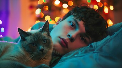 Serene Cat Nap: A peaceful tabby cat enjoys a tranquil moment of sleep, basking in a colorful, bokeh-filled atmosphere of gentle hues, capturing the essence of relaxation and calm.