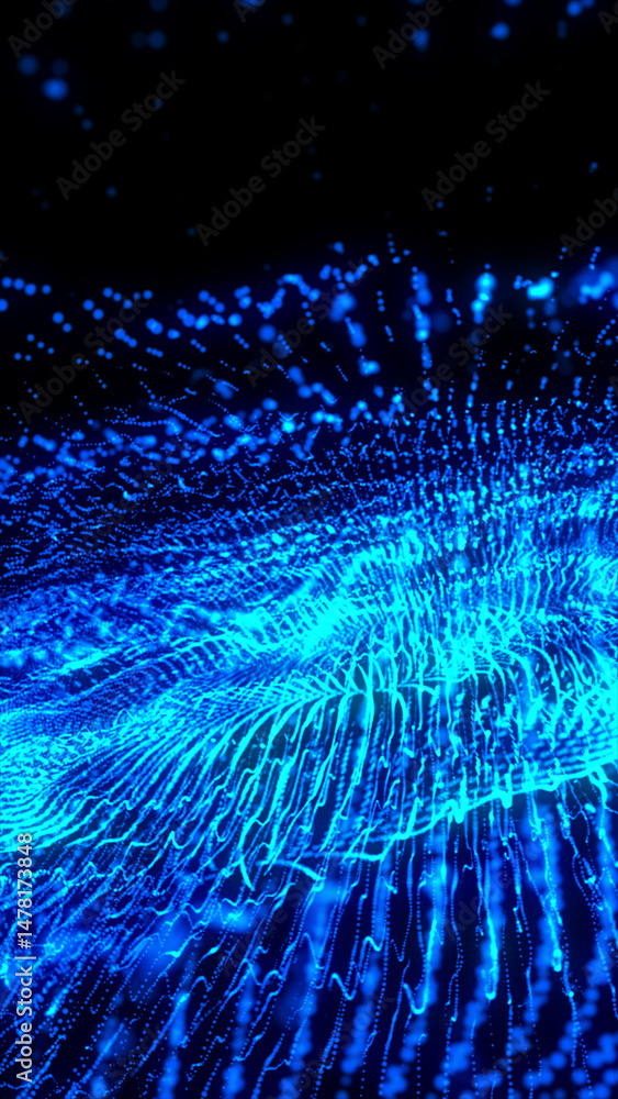 Poster exploding wave of luminous blue particles in motion against a dark background, resembling data strea