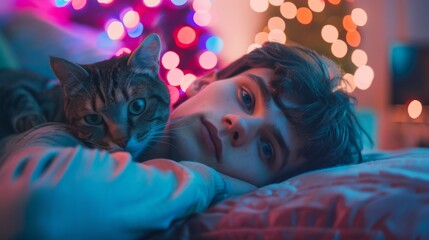 Serene Cat Nap: A peaceful tabby cat enjoys a tranquil moment of sleep, basking in a colorful, bokeh-filled atmosphere of gentle hues, capturing the essence of relaxation and calm.