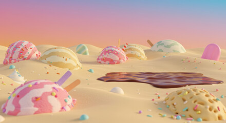 Surreal ice cream landscape with melting scoops in desert sand. Fantasy world with chocolate puddle under pastel sunset sky. Sweet dreamscape concept. Creative candy sprinkles
