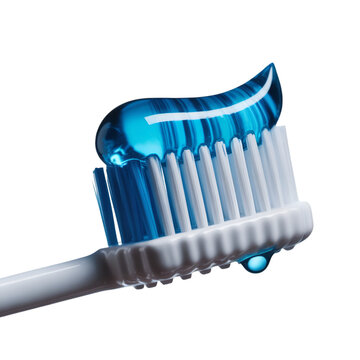 Close up shot of blue toothpaste on a white toothbrush with a black background in a studio setting