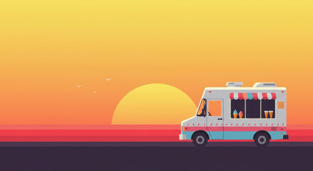Fototapeta premium ce cream truck silhouette against gradient sunset background. Minimalist illustration with white truck and orange horizon. Summer treat. Flat design with warm color palette. Food truck business theme