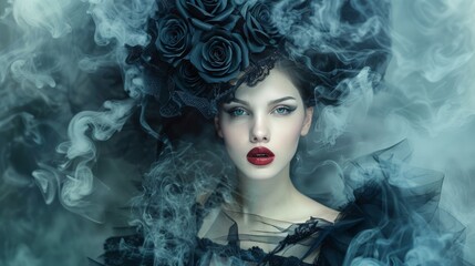 Fototapeta premium Woman Surrounded by Mystical Smoke Clouds in a Dreamlike Atmosphere