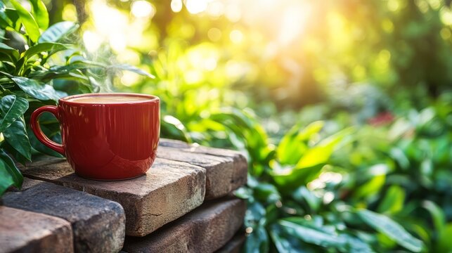 Morning Brew in Serenity: A steaming cup of coffee in a red mug, sits upon an aged brick structure amid lush greenery, kissed by the warm glow of the sun. It's a perfect moment of stillness.