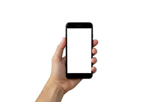 Hand holding smartphone with blank screen isolated on transparent background