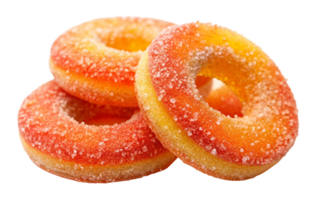 Stack of delicious peach flavored gummy rings with sugar crystals on White background