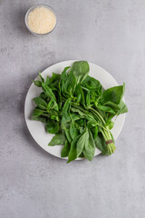 Basil leaves arranged on white plate with gray background, minimal setup creates elegant culinary scene, minimal layout supports food blogs and healthy branding.