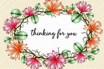 Wreath of orange and pink flowers with green leaves around "thinking for you" text on a light striped background. Perfect for expressing warm thoughts in greetings.