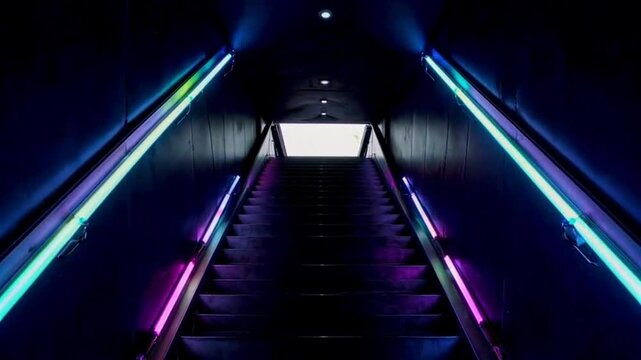 A long and dark stairs with illuminating lights surrounding going up towards an opening to the next level; a dark ominous stairs case to the top; success and hardship; climb to the top; modern stairs