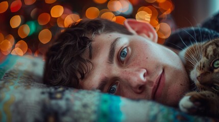 Serene Cat Nap: A peaceful tabby cat enjoys a tranquil moment of sleep, basking in a colorful, bokeh-filled atmosphere of gentle hues, capturing the essence of relaxation and calm.