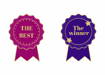 set Award medal best winner victory symbol vector reward golden lettering ribbon isolated abstract graphic design template