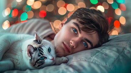 Serene Cat Nap: A peaceful tabby cat enjoys a tranquil moment of sleep, basking in a colorful, bokeh-filled atmosphere of gentle hues, capturing the essence of relaxation and calm.