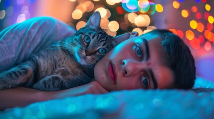 Serene Cat Nap: A peaceful tabby cat enjoys a tranquil moment of sleep, basking in a colorful, bokeh-filled atmosphere of gentle hues, capturing the essence of relaxation and calm.