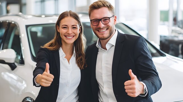 Delighted couple celebrating new car purchase with thumbs up, exuding joy and satisfaction in dealership showroom. - Powered by Adobe