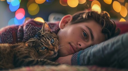 Serene Cat Nap: A peaceful tabby cat enjoys a tranquil moment of sleep, basking in a colorful, bokeh-filled atmosphere of gentle hues, capturing the essence of relaxation and calm.