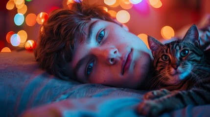 Serene Cat Nap: A peaceful tabby cat enjoys a tranquil moment of sleep, basking in a colorful, bokeh-filled atmosphere of gentle hues, capturing the essence of relaxation and calm.