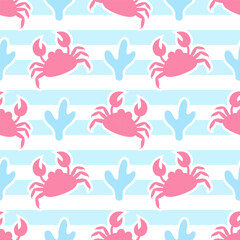 marine summer seamless striped pattern with crabs and algae