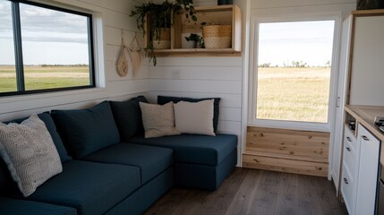 Cozy Modern Lofted Sleeping Area with Large Windows and Storage