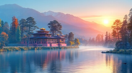 Obraz premium Serene Monastery by a Misty River at Sunrise