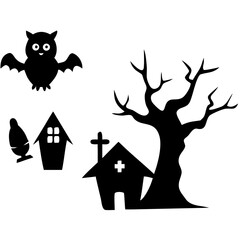 Creative details Collection of Halloween silhouettes. Haunted house, creepy tree, flying witch, pumpkins, halloween ghost, owl, coffin lid icon Vector Illustration