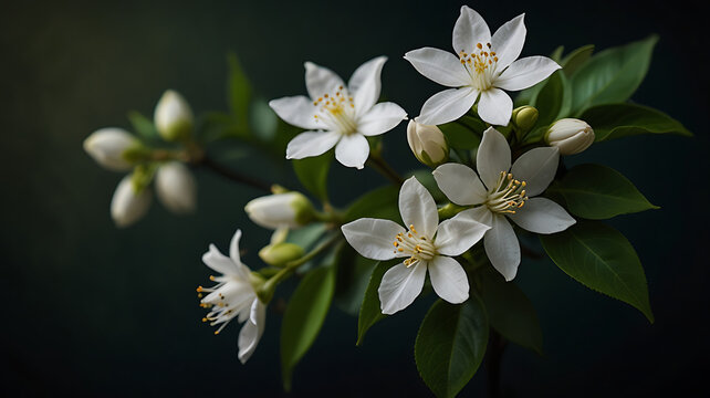 White jasmine flowers on dark green background, soft lighting, elegant minimal style, evoking calm and purity.
