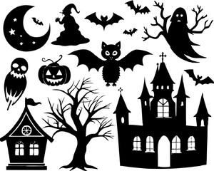 Creative details Collection of Halloween silhouettes. Haunted house, creepy tree, flying witch, pumpkins, halloween ghost, owl, coffin lid icon Vector Illustration
