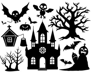 Creative details Collection of Halloween silhouettes. Haunted house, creepy tree, flying witch, pumpkins, halloween ghost, owl, coffin lid icon Vector Illustration