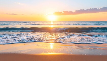 A serene summer beach at sunset, gentle waves lapping the shore, golden sky reflectin