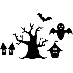 Creative details Collection of Halloween silhouettes. Haunted house, creepy tree, flying witch, pumpkins, halloween ghost, owl, coffin lid icon Vector Illustration