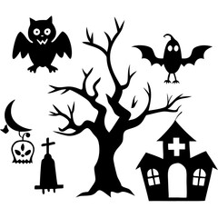Creative details Collection of Halloween silhouettes. Haunted house, creepy tree, flying witch, pumpkins, halloween ghost, owl, coffin lid icon Vector Illustration