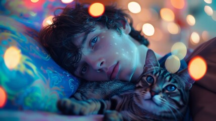 Serene Cat Nap: A peaceful tabby cat enjoys a tranquil moment of sleep, basking in a colorful, bokeh-filled atmosphere of gentle hues, capturing the essence of relaxation and calm.