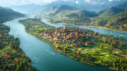 Fototapeta premium Serene river meanders through a picturesque island village nestled amidst mountains. Lush greenery, a golden temple complex, and placid waters create a breathtaking landscape